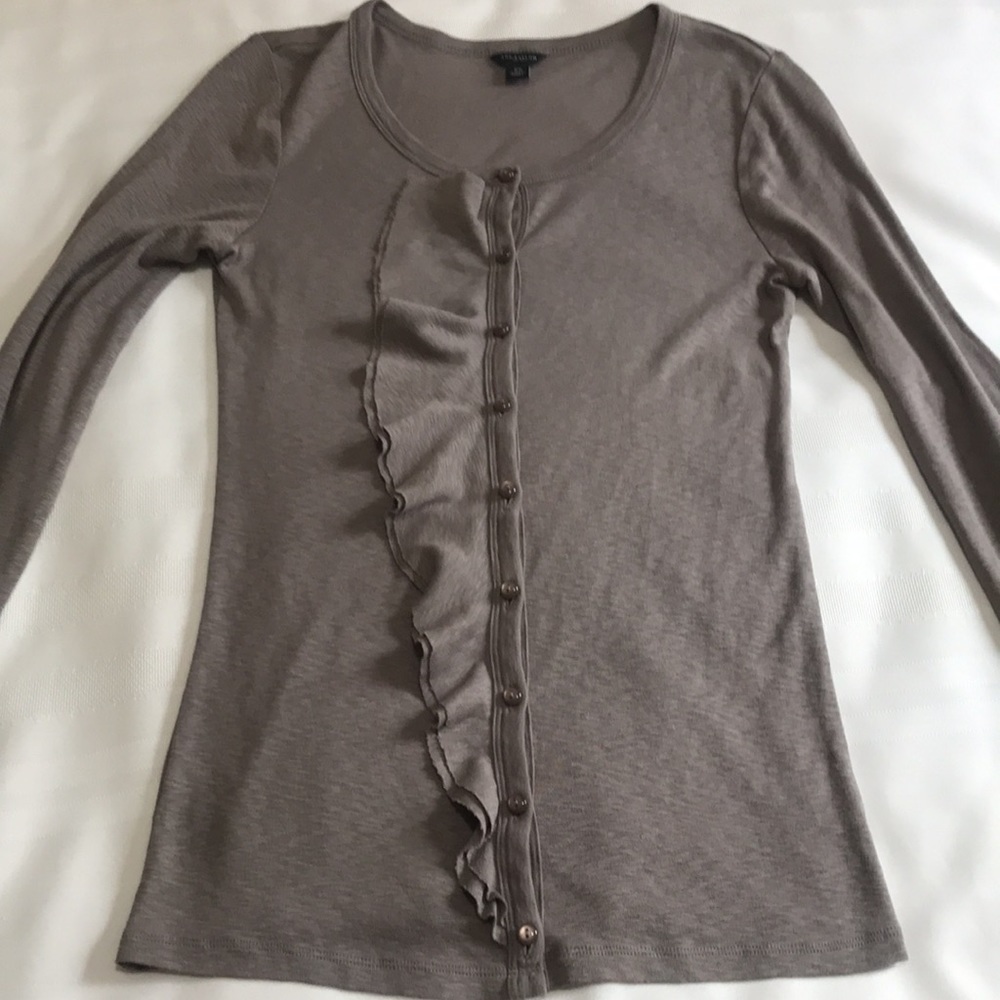 Vintage Ann Taylor Taupe Ruffle Button Cardigan Sweater XS - Picture 10 of 15